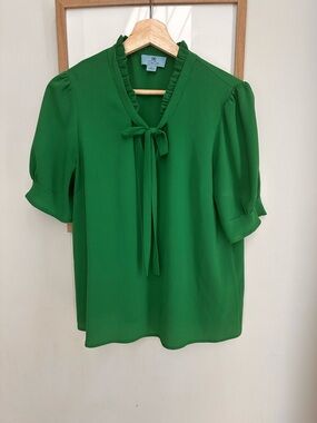 CeCe Green Tie Neck Blouse Small Puff Sleeve Feminine Top